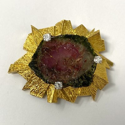 Lot 750 - GRIMA: GOLD, TOURMALINE AND DIAMOND BROOCH, 1966