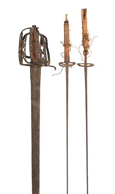 Lot 417 - A SCOTTISH BASKET-HILT BROADSWORD, CIRCA 1760 AND TWO EPEES, LATE 19TH/EARLY 20TH CENTURY