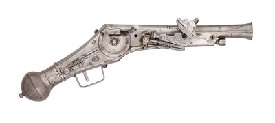 Lot 222 - A RARE 28 BORE GERMAN SMALL WHEEL-LOCK ‘PUFFER’ PISTOL FORMED ENTIRELY OF STEEL, CIRCA 1580