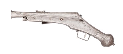 Lot 222 - A RARE 28 BORE GERMAN SMALL WHEEL-LOCK ‘PUFFER’ PISTOL FORMED ENTIRELY OF STEEL, CIRCA 1580