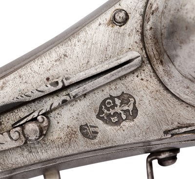 Lot 222 - A RARE 28 BORE GERMAN SMALL WHEEL-LOCK ‘PUFFER’ PISTOL FORMED ENTIRELY OF STEEL, CIRCA 1580