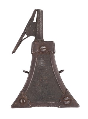 Lot 200 - A GERMAN TRIANGULAR CHARGE-FLASK, 17TH CENTURY