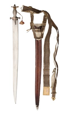 Lot 54 - A FINE INDIAN SWORD WITH KHYBER STYLE BLADE AND SILVER TALWAR HILT, 19TH CENTURY