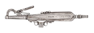 Lot 203 - A GERMAN COMBINED POWDER-FLASK, WHEEL-LOCK SPANNER AND TURNSCREW INSCRIBED 1565, EARLY 17TH CENTURY