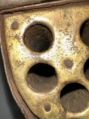 Lot 199 - A RARE GERMAN EMBOSSED STEEL CARTRIDGE BOX (PATRON), CIRCA 1580, PROBABLY BRUNSWICK