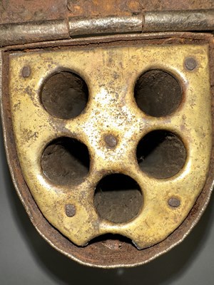 Lot 199 - A RARE GERMAN EMBOSSED STEEL CARTRIDGE BOX (PATRON), CIRCA 1580, PROBABLY BRUNSWICK