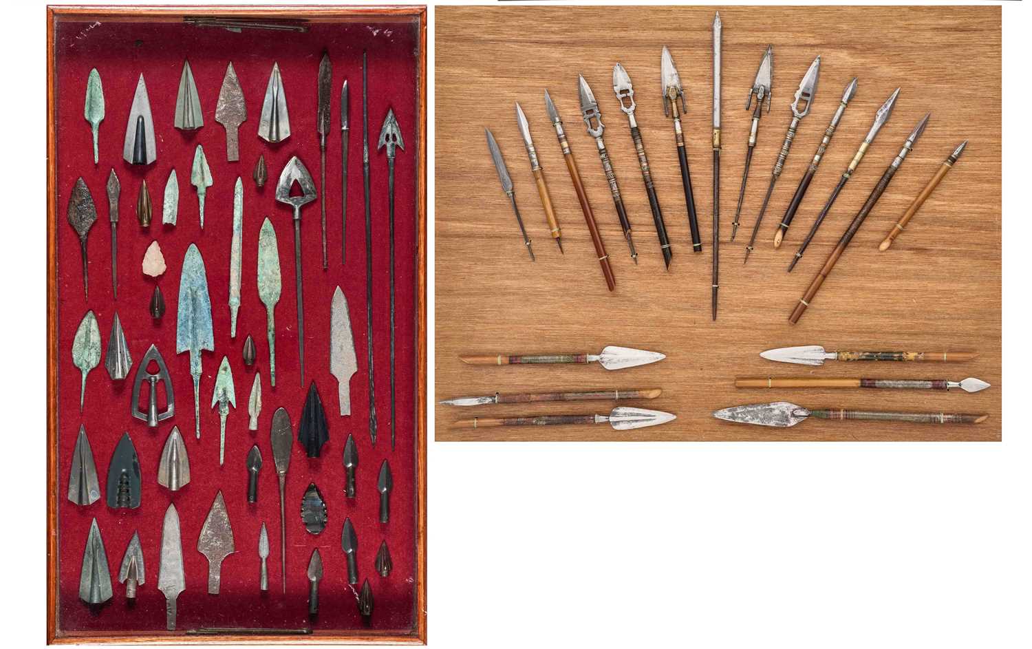 Lot 396 - TWO DISPLAYS OF ARROWHEADS, FOUR COPPER ALLOY ARROWHEADS AND A QUIVER, POSSIBLY TIBETAN