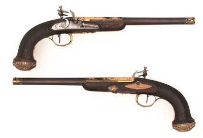 Lot 178 - A FINE PAIR OF FRENCH SILVER-MOUNTED FLINTLOCK PISTOLS OF PRESENTATION QUALITY BY BOUTET DIRECTEUR A
