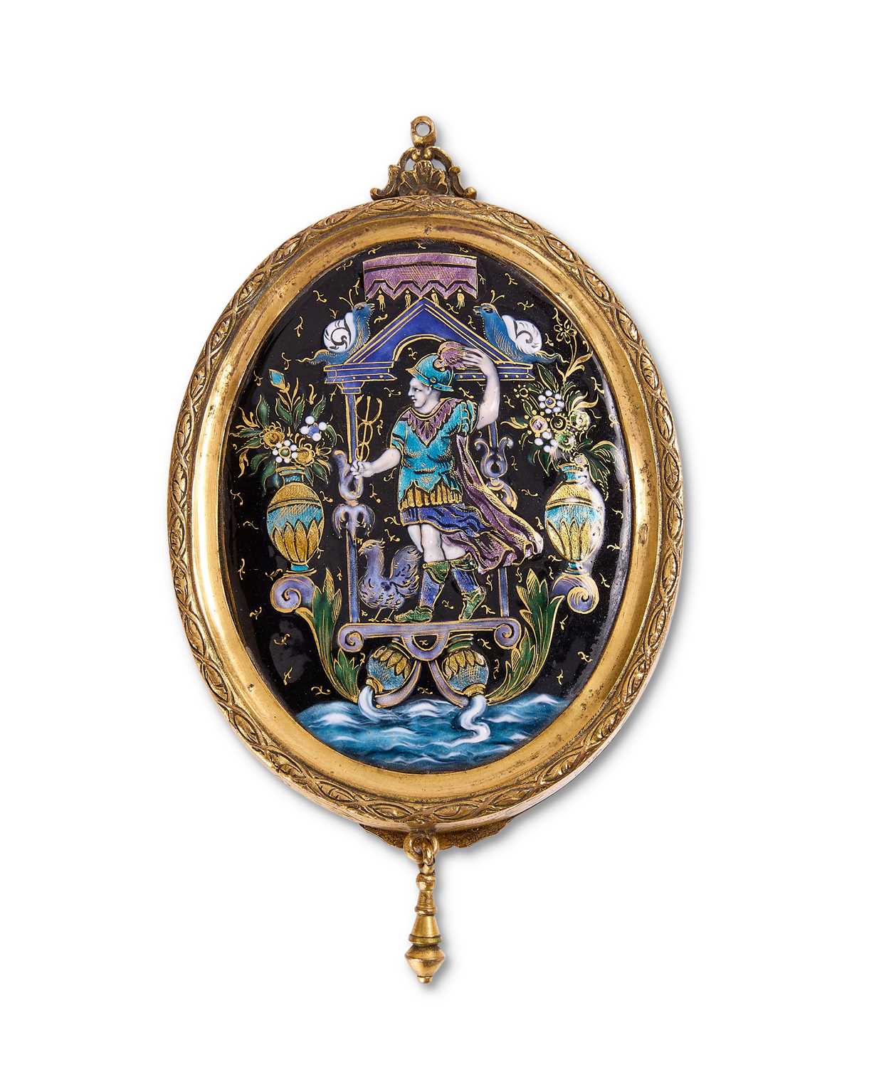 Lot 74 - A FRENCH ENAMEL AND GILT-COPPER MIRROR CASE, LIMOGES, EARLY 17TH CENTURY