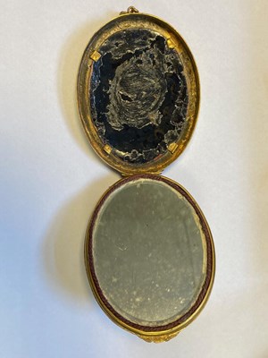 Lot 74 - A FRENCH ENAMEL AND GILT-COPPER MIRROR CASE, LIMOGES, EARLY 17TH CENTURY