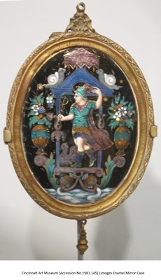 Lot 74 - A FRENCH ENAMEL AND GILT-COPPER MIRROR CASE, LIMOGES, EARLY 17TH CENTURY