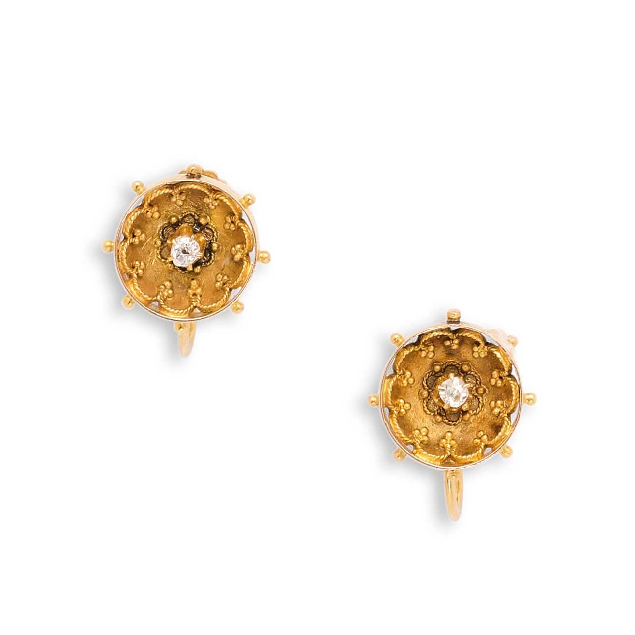 Lot 367 - A PAIR OF GOLD AND DIAMOND EARRINGS, 1890s
