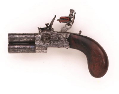 Lot 188 - A FLINTLOCK OVER-AND-UNDER TAP-ACTION POCKET PISTOL BY WELCH