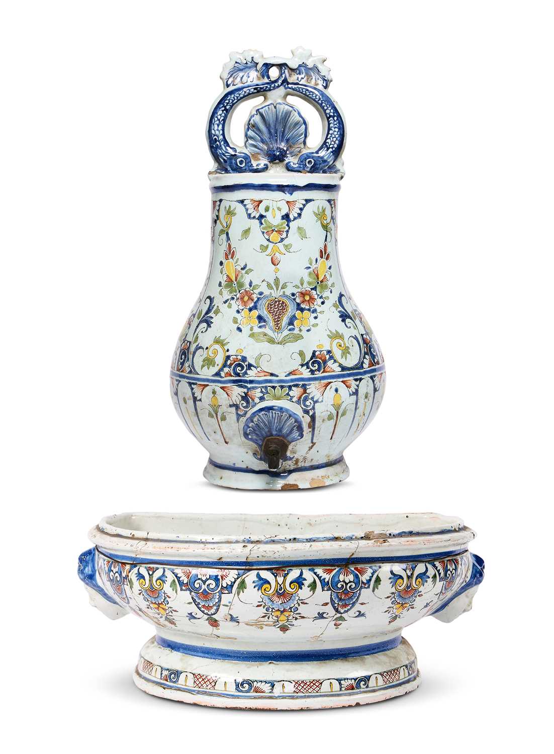 Lot 3 - A ROUEN FAIENCE WATER FOUNTAIN AND BASIN, 18TH CENTURY