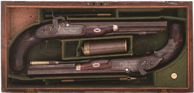Lot 192 - A PAIR OF PERCUSSION DUELLING PISTOLS SIGNED H.W. MORTIMER