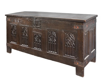 Lot 385 - AN OAK COFFER, PROBABLY NORTHERN FRANCE, LATE 15TH CENTURY/EARLY 16TH CENTURY