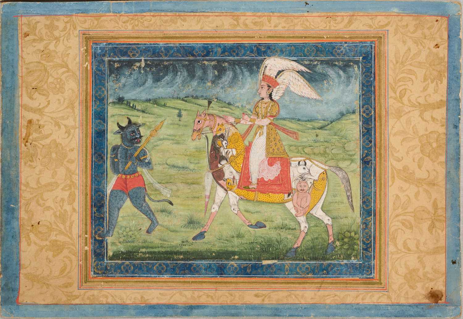 Lot 73 - A DEPICTION OF PARI RIDING ON A COMPOSITE HORSE, RAJASTHAN, INDIA, CIRCA 1800