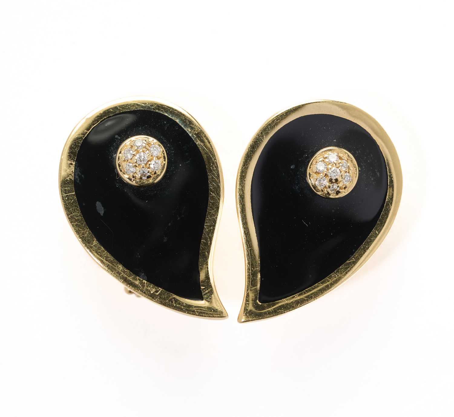 Lot 354 - A PAIR OF LACQUER AND DIAMOND EAR CLIPS