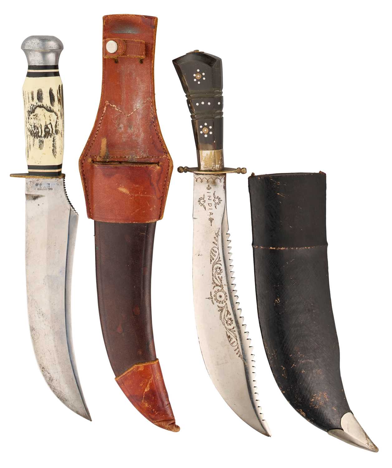 Lot 710 - AN ORIGINAL BUFFALO SKINNER KNIFE, CARL SCHLIEPER, AND A STAINLESS STEEL KNIFE