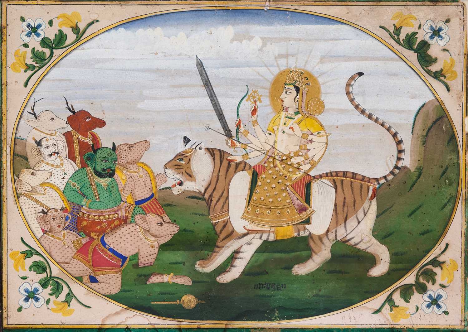 Lot 72 - DEVI (DURGA) SEATED ON A TIGER FIGHTING DEMONS, PROBABLY JAIPUR, NORTH INDIA, 19TH CENTURY