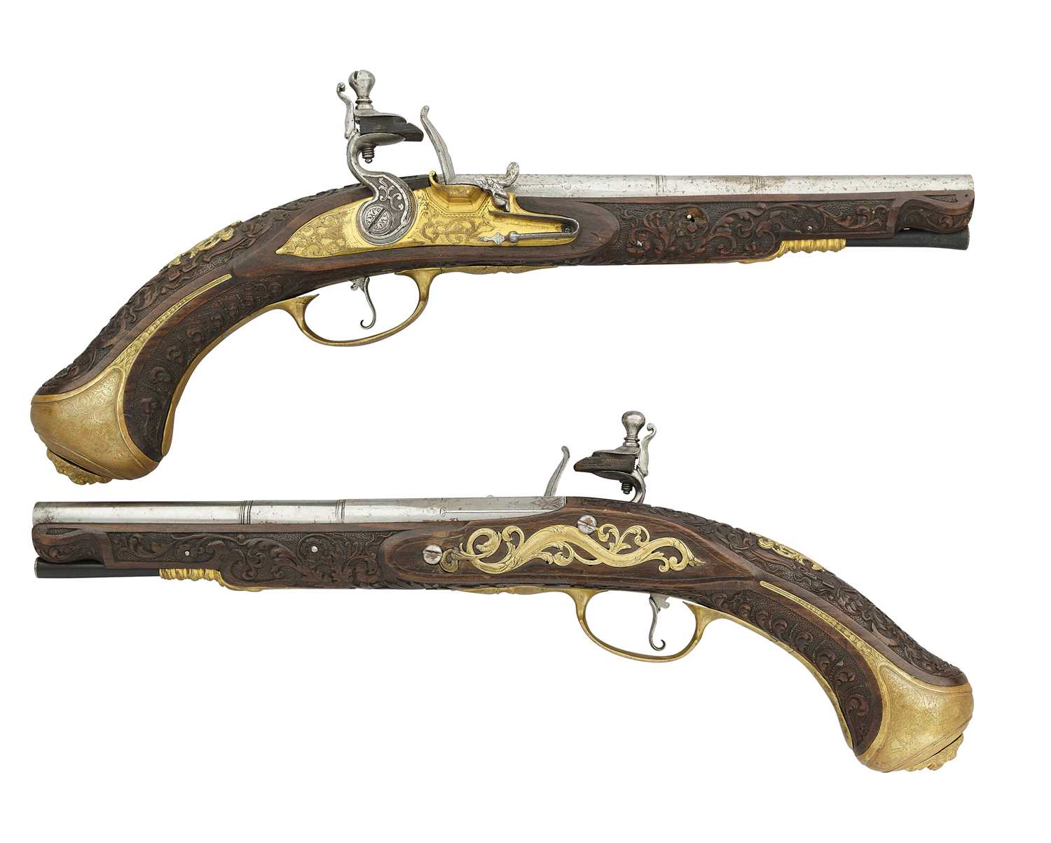 Lot 364 - A PAIR OF COMPOSITE CONTINENTAL 32 BORE FLINTLOCK PISTOLS, THE ITALIAN LOCKS SIGNED G. LANDI