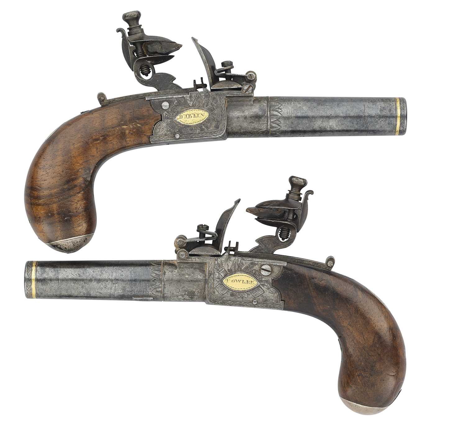 Lot 367 - A PAIR OF IRISH 40 BORE FLINTLOCK BOX-LOCK