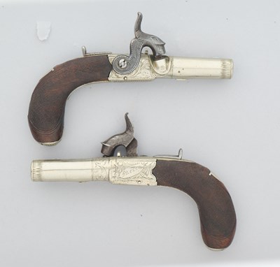 Lot 763 - A PAIR OF PERCUSSION BOX-LOCK POCKET PISTOLS OF SMALL BORE, SIGNED MERRY, CIRCA 1835