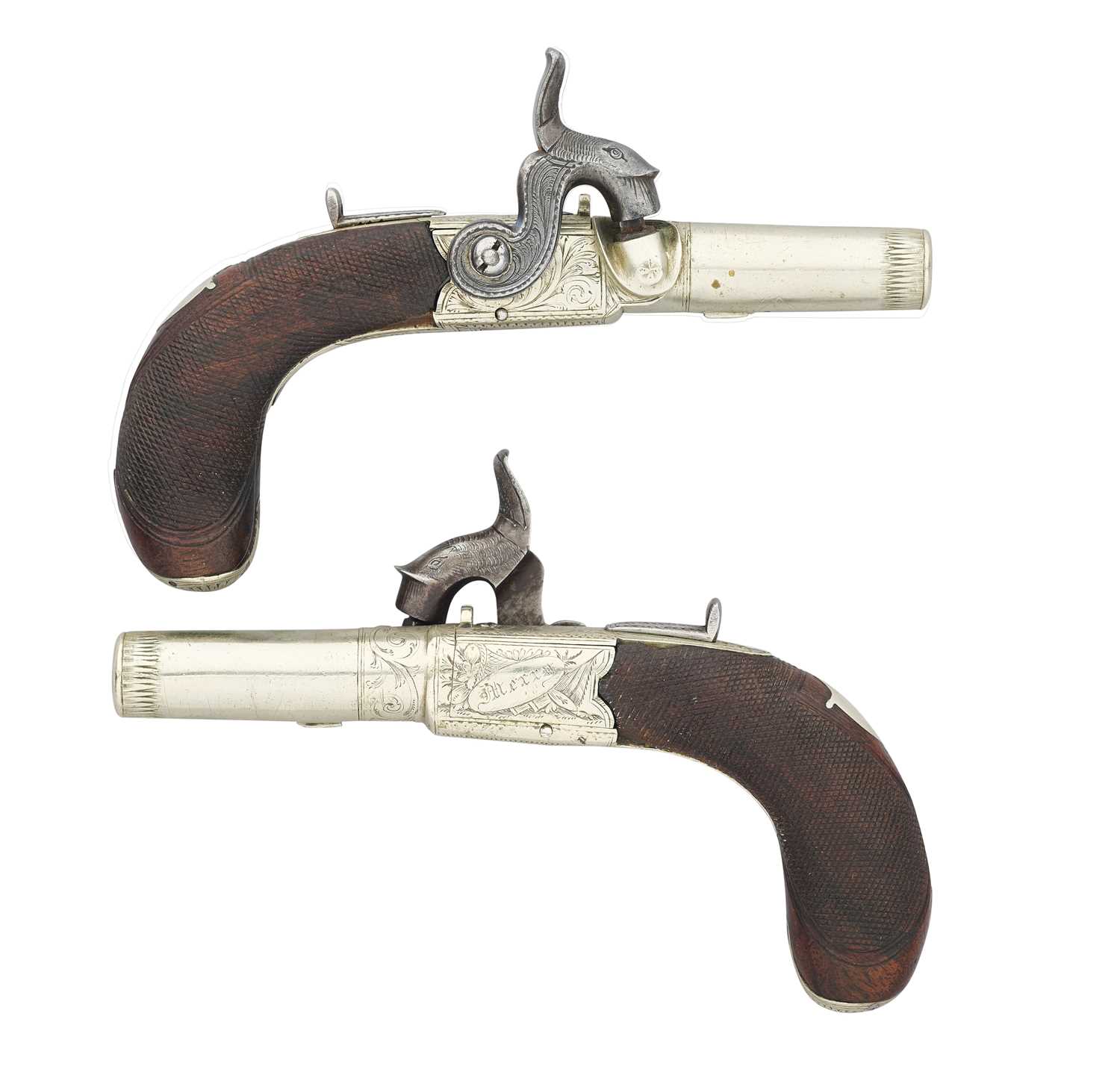Lot 763 - A PAIR OF PERCUSSION BOX-LOCK POCKET PISTOLS OF SMALL BORE, SIGNED MERRY, CIRCA 1835