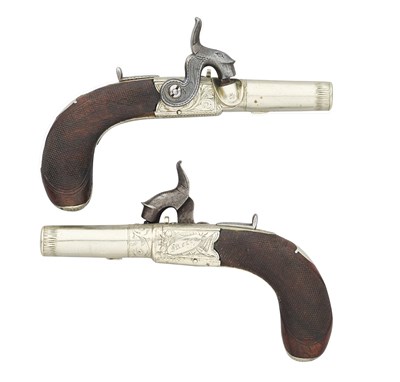 Lot 763 - A PAIR OF PERCUSSION BOX-LOCK POCKET PISTOLS OF SMALL BORE, SIGNED MERRY, CIRCA 1835