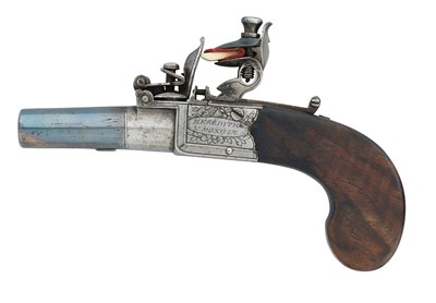 Lot 756 - A FLINTLOCK BOX-LOCK POCKET PISTOL OF SMALL BORE BY MEREDITH & MOXHAM, LONDON, CIRCA 1820-23