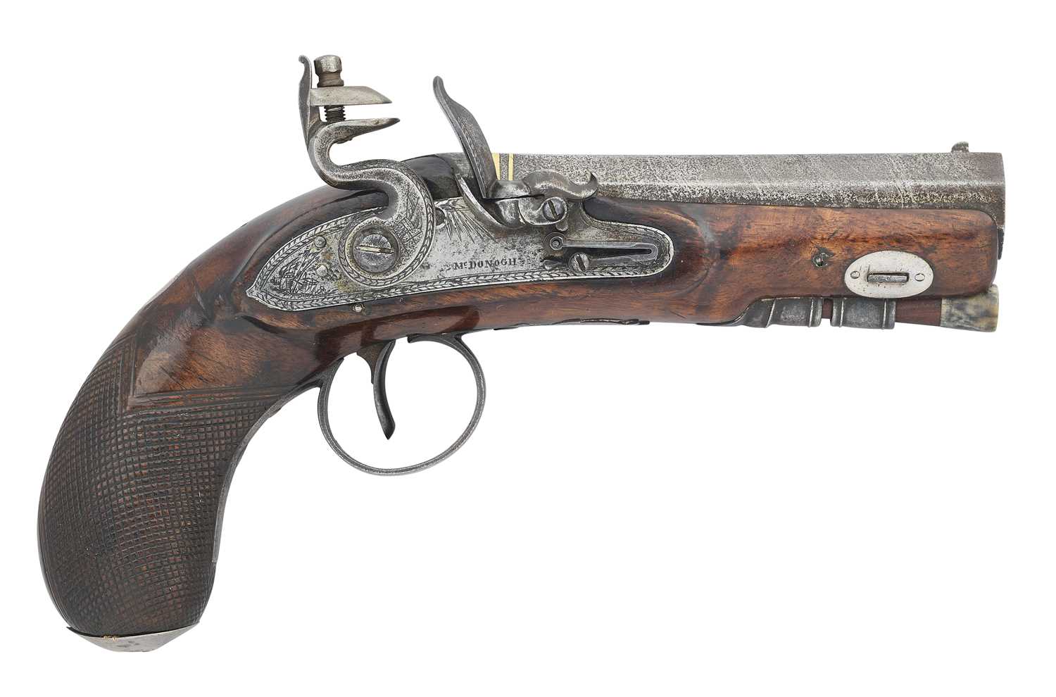 Lot 368 - AN IRISH 15 BORE FLINTLOCK TRAVELLING PISTOL BY MCDONOGH, EARLY 19TH CENTURY