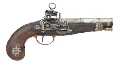 Lot 746 - A SPANISH 32 BORE MIQUELET-LOCK SILVER-MOUNTED PISTOL, 19TH CENTURY