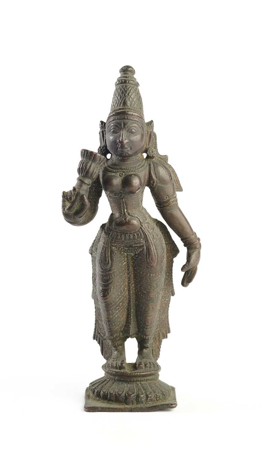 Lot 38 - A BRONZE FIGURE OF BHUDEVI, TAMIL NADU, SOUTH INDIA, 18TH/19TH CENTURY