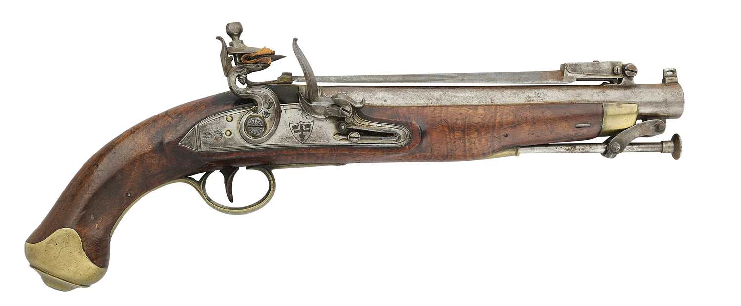 Lot 335 - AN 18 BORE FLINTLOCK NOTTINGHAM POLICE PISTOL WITH SPRING BAYONET, CIRCA 1815-20