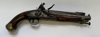 Lot 335 - AN 18 BORE FLINTLOCK NOTTINGHAM POLICE PISTOL WITH SPRING BAYONET, CIRCA 1815-20