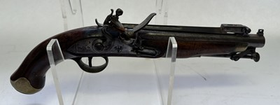 Lot 335 - AN 18 BORE FLINTLOCK NOTTINGHAM POLICE PISTOL WITH SPRING BAYONET, CIRCA 1815-20