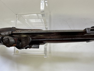 Lot 335 - AN 18 BORE FLINTLOCK NOTTINGHAM POLICE PISTOL WITH SPRING BAYONET, CIRCA 1815-20