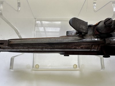 Lot 335 - AN 18 BORE FLINTLOCK NOTTINGHAM POLICE PISTOL WITH SPRING BAYONET, CIRCA 1815-20