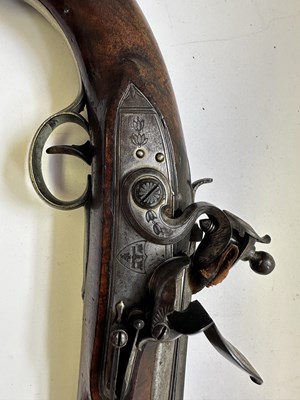Lot 335 - AN 18 BORE FLINTLOCK NOTTINGHAM POLICE PISTOL WITH SPRING BAYONET, CIRCA 1815-20