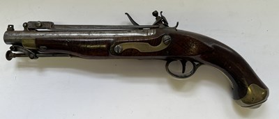 Lot 335 - AN 18 BORE FLINTLOCK NOTTINGHAM POLICE PISTOL WITH SPRING BAYONET, CIRCA 1815-20