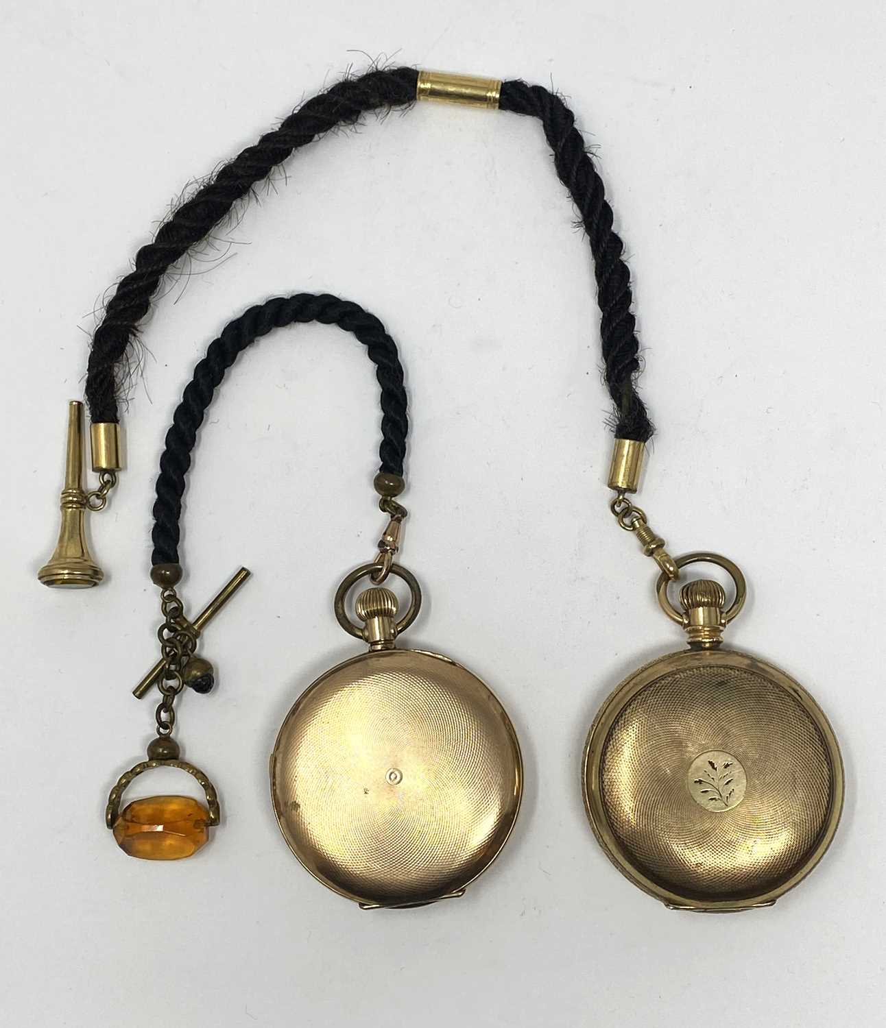 Lot 304 - TWO GILT-METAL HUNTING CASED POCKET WATCHES WITH GILT-METAL MOUNTED WOVEN HAIR ALBERTS, LATE 19TH CENTURY