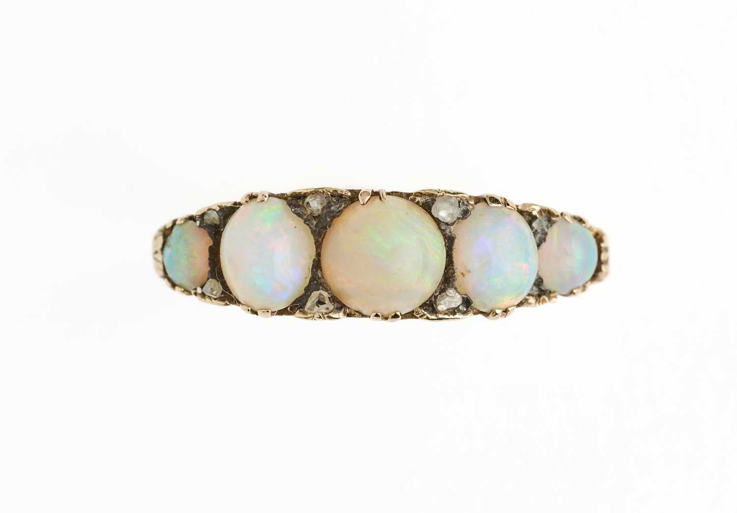 Lot 348 - VICTORIAN OPAL AND DIAMOND HALF HOOP RING, 1890s