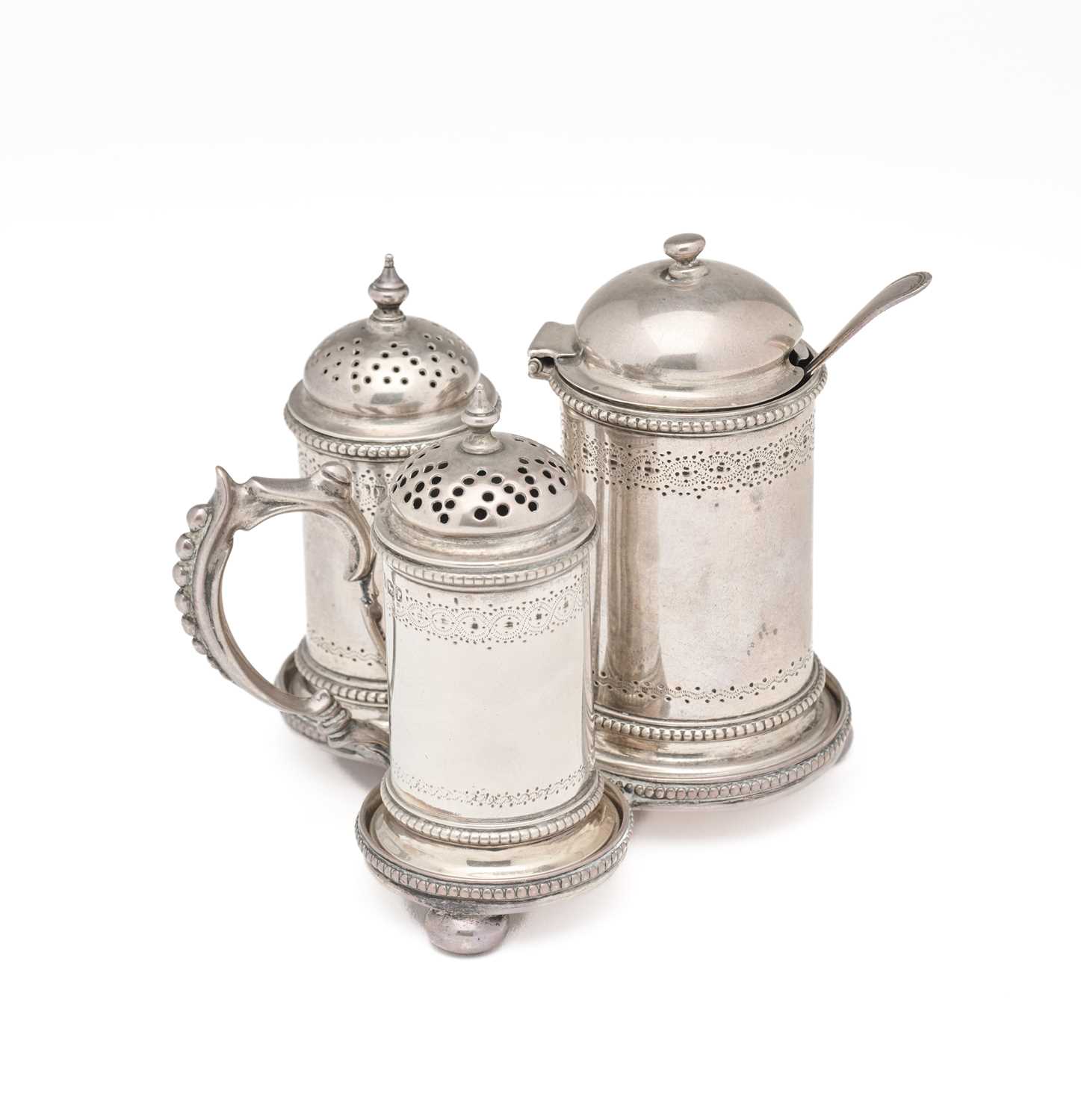 Lot 571 - A VICTORIAN SILVER THREE-PIECE CRUET SET ON STAND, MARTIN, HALL & CO., SHEFFIELD, 1866