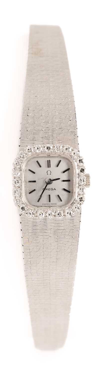 Lot 547 - OMEGA: DIAMOND AND WHITE GOLD BRACELET COCKTAIL WATCH, SWISS, 1960s