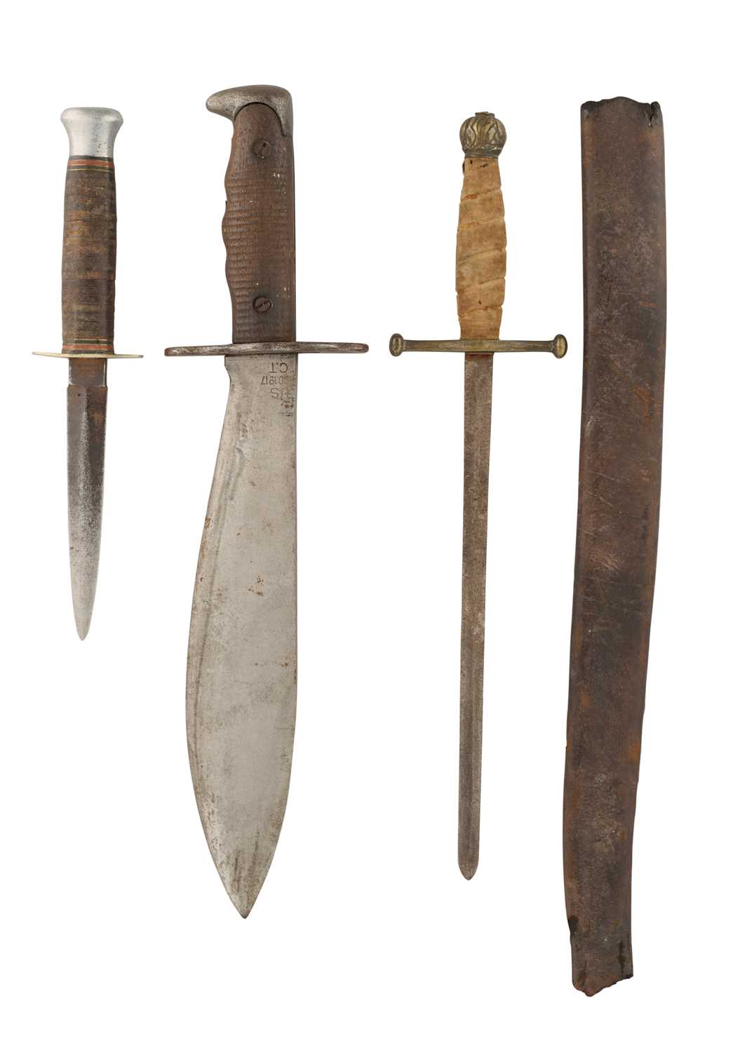 Lot 711 - A DAGGER, 18TH CENTURY, A U.S. TRENCH KNIFE, DATED 1918, A FURTHER DAGGER AND A SCABBARD