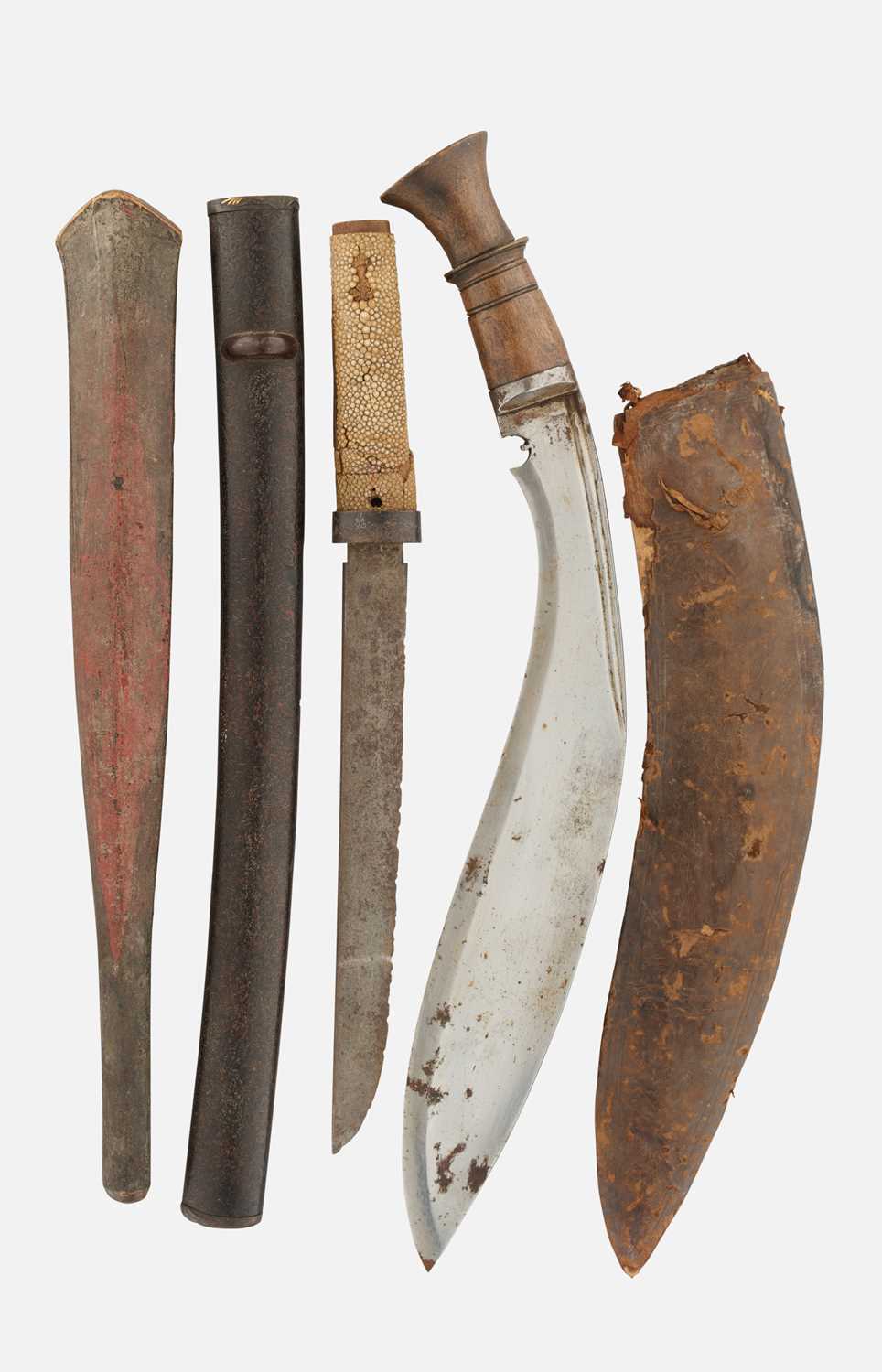 Lot 591 - A JAPANESE SHORTSWORD (TANTO), A JAPANESE SAYA, A GURKHA KUKRI KNIFE