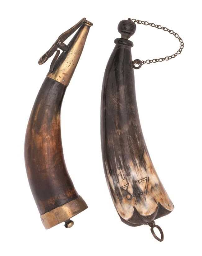 Lot 738 - A BRASS-MOUNTED POWDER HORN, EARLY 19TH CENTURY AND ANOTHER POWDER HORN