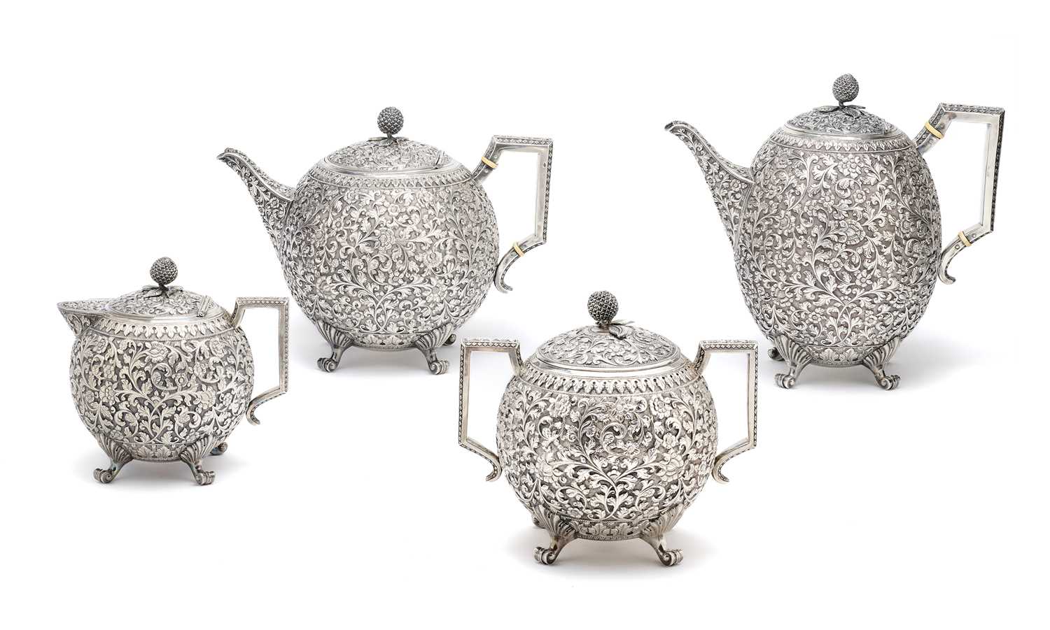 Lot 206 - A KUTCH SILVER TEASET, OOMERSI MAWJI OF BHUJ, WESTERN INDIA, 1880-1890