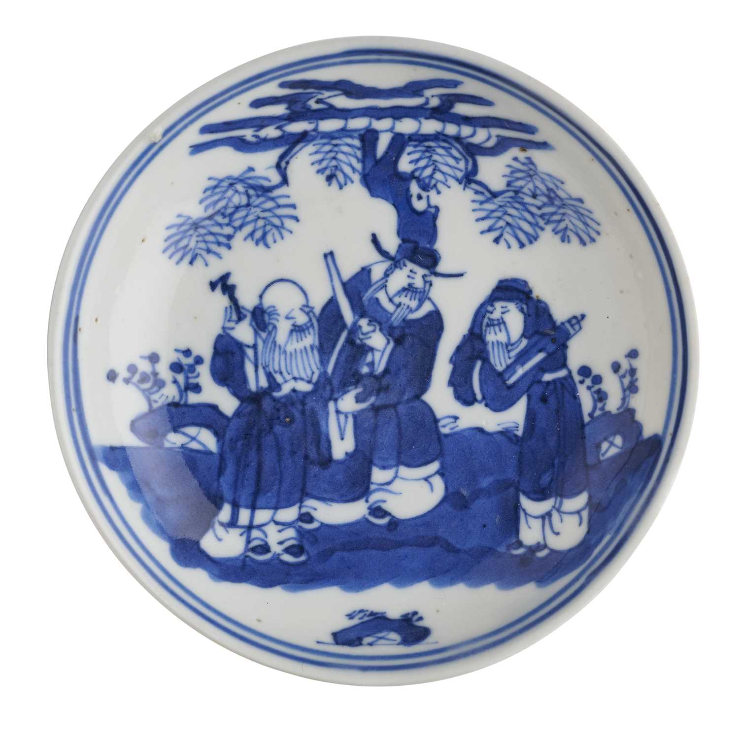 Lot 13 - A CHINESE BLUE AND WHITE 'IMMORTALS' SAUCER DISH, QIANLONG MARK AND PERIOD (1736-95)