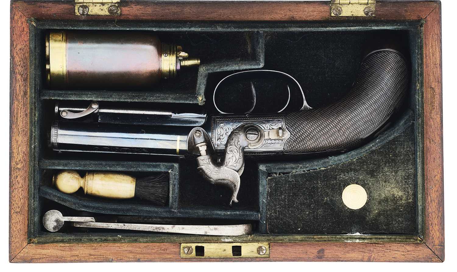Lot 403 - A CASED 50 BORE PERCUSSION D.B. BOX-LOCK TRAVELLING PISTOL BY LEECH, CHELMSFORD, CIRCA 1830